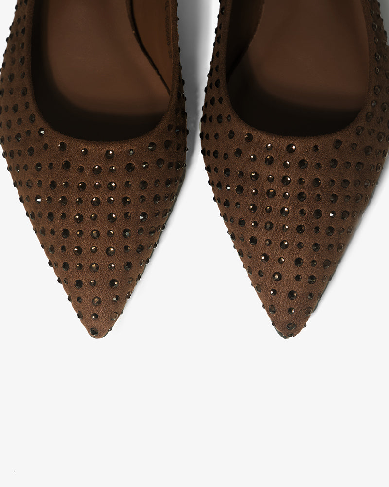 Brown Suede Rhinestone Bow Flats