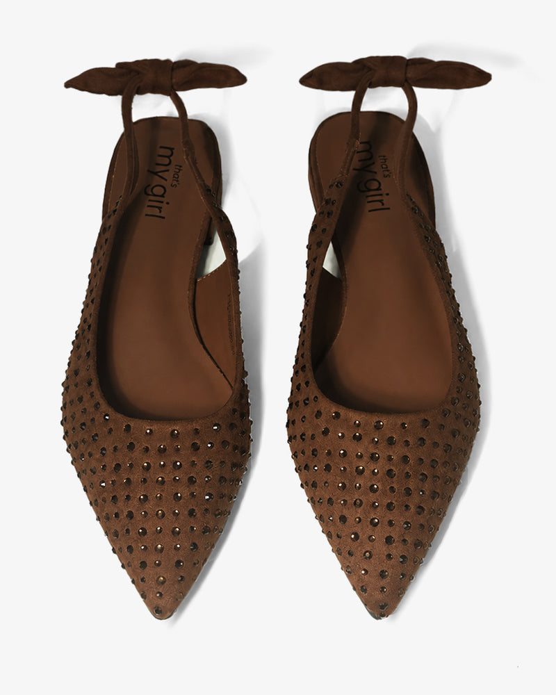 Brown Suede Rhinestone Bow Flats