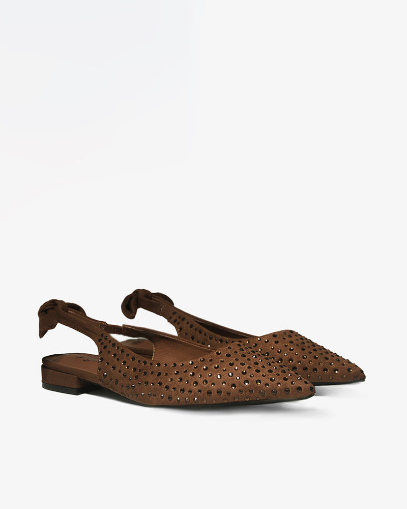 Brown Suede Rhinestone Bow Flats
