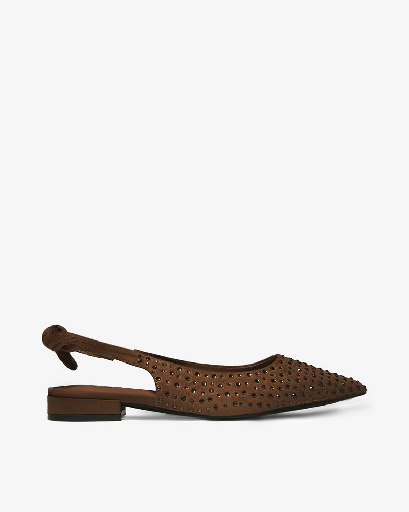 Brown Suede Rhinestone Bow Flats