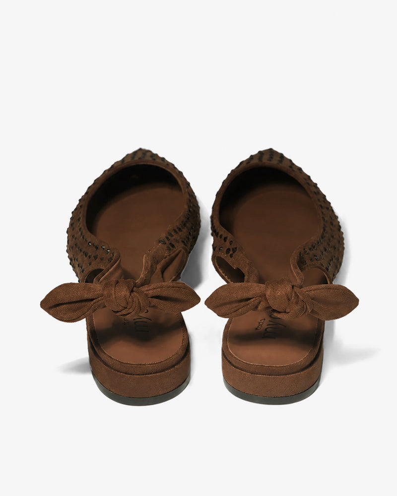 Brown Suede Rhinestone Bow Flats